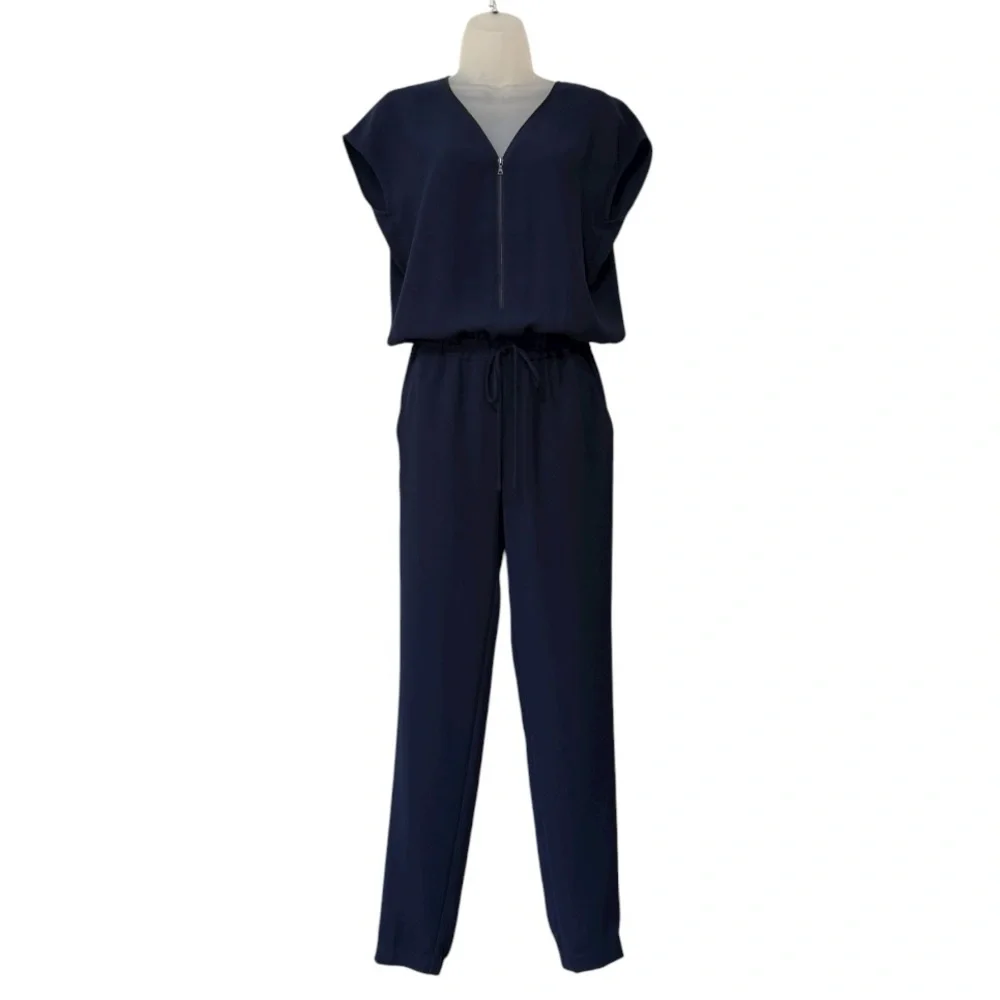 VINCE | $398 Crepe Zip-Front Cap Sleeve Jumpsuit in Navy, Size 2 - Picture 3 of 12